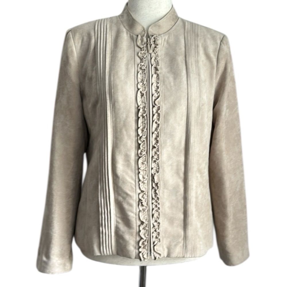 Dressbarn Faux Suede Beige Ruffle Front Jacket Size L